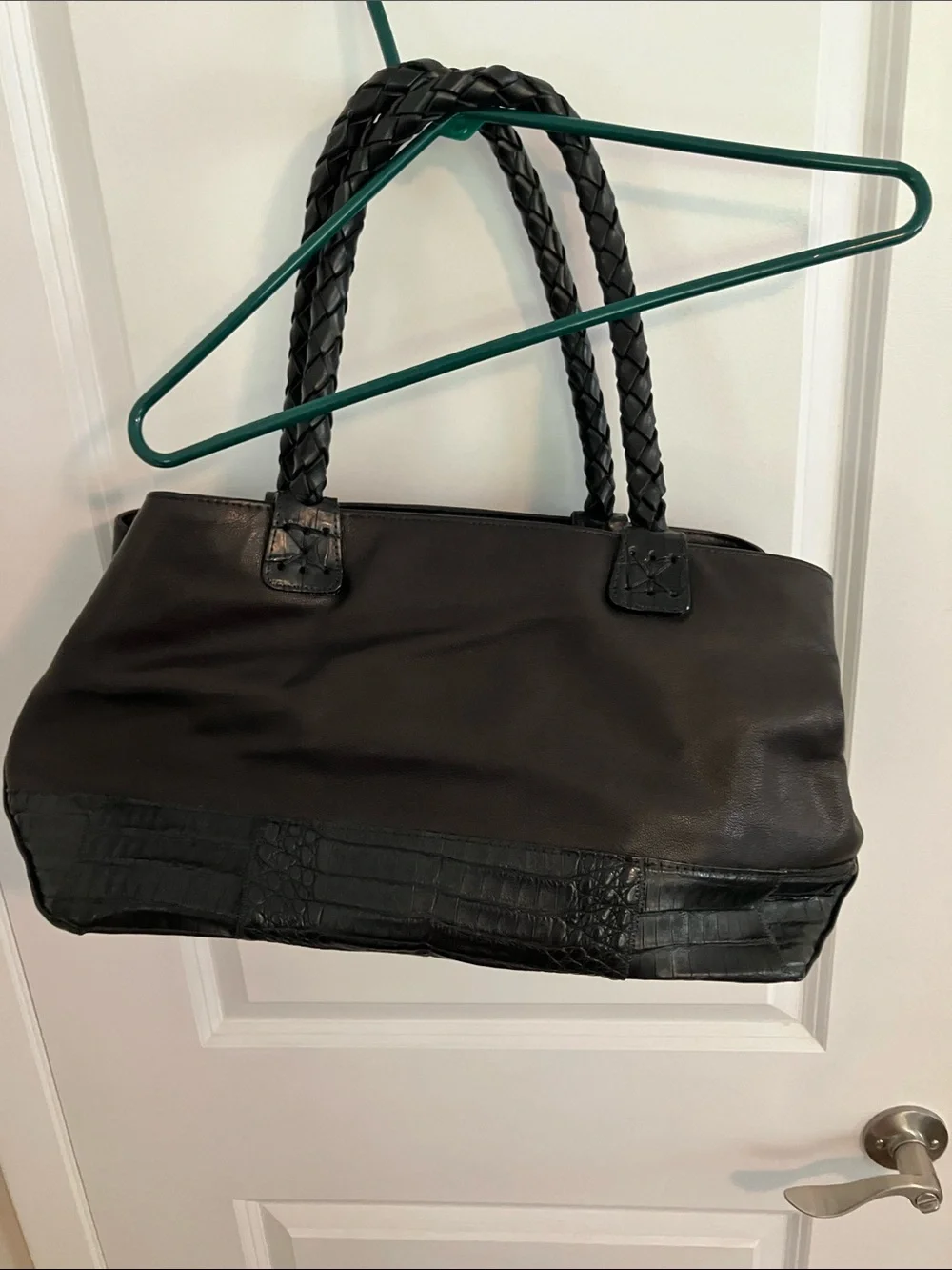 Carlos Falchi Black Leather Shoulder Bag with Braided Handles